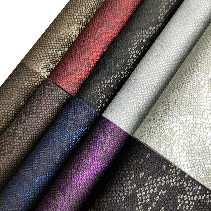 Retro Style Metallic Color Snake Skin Embossed PU Coated Faux Leather Metal Grain Fabric Velvet Backing for Making Vintage Bags