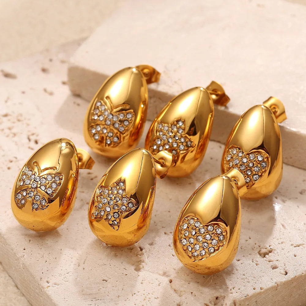 18K Gold Stainless Steel Hollow Water Droplet Earrings for Women's Pentagram Heart-shaped butterfly Zircon Fashionable Earrings
