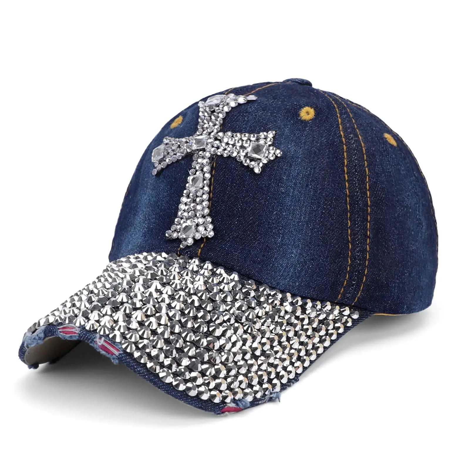 Women Jean Snapback Hat Bling Cross Rhinestones Denim Baseball Cap