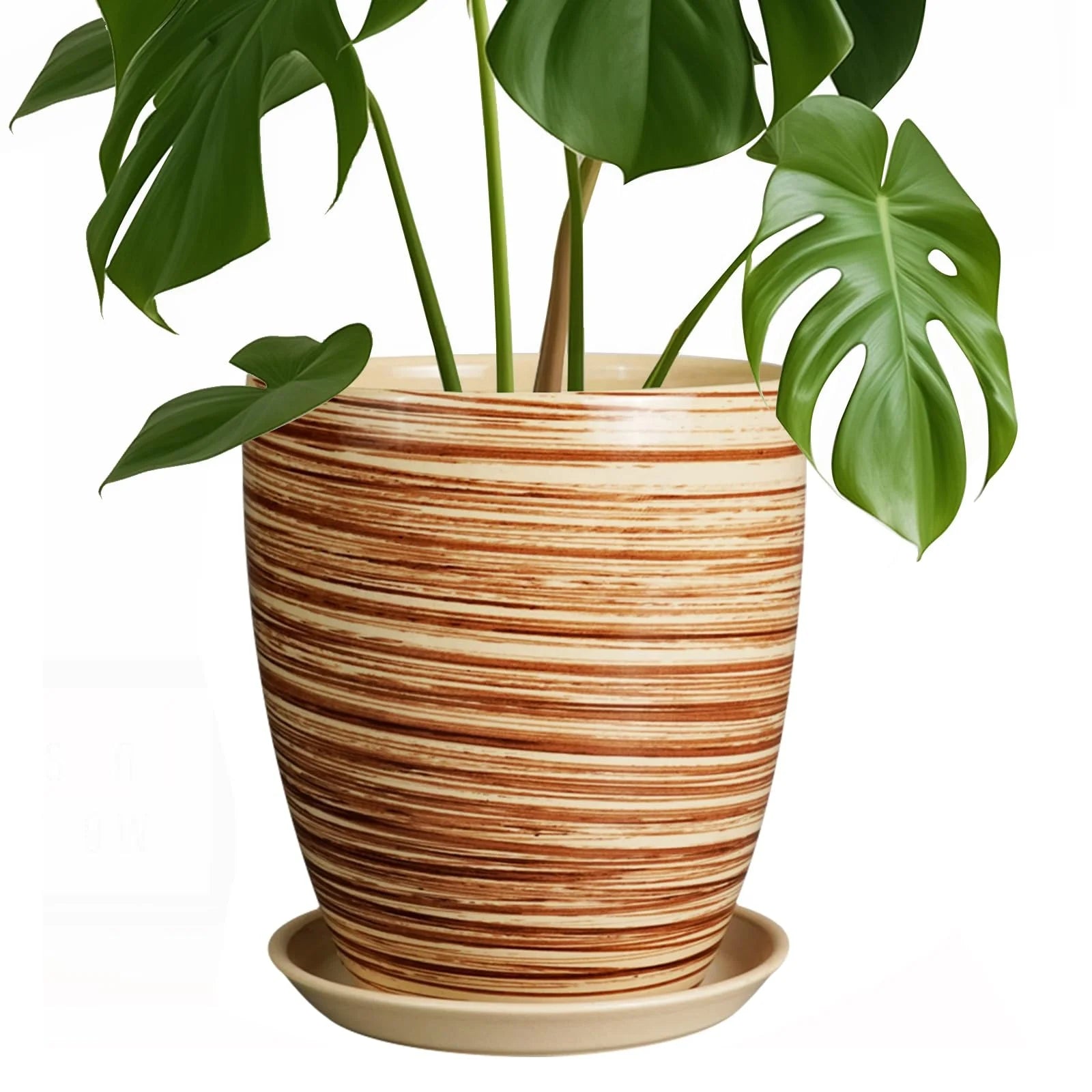 Brown Striped Design Modern Style Ceramic Flower Pot with Drainage Hole and Matching Saucer Garden Planter Home Decoration