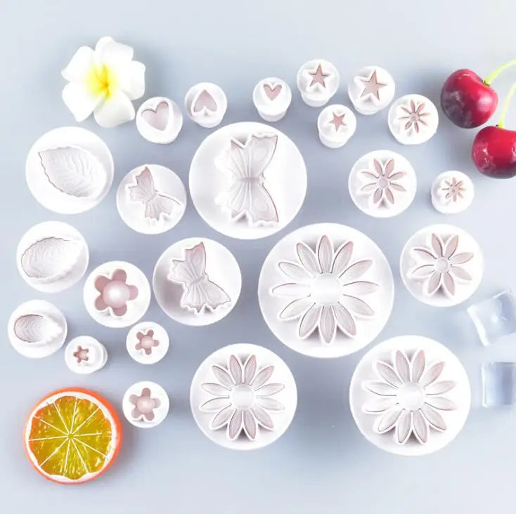 HY 33 Piece Fondant Cake Cookie Plunger Cutter Sugarcraft Flower Leaf Butterfly Heart Shape Decorating Mold