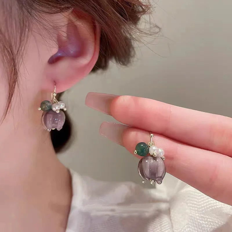 New Arrival Onyx Glass Flower Hook Earrings Purple Agate Pearl Water Lily Drop Earrings 2023 Women