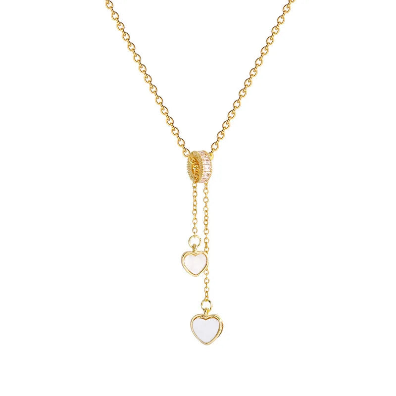 AA01227 Tassel Double Heart Necklace Women Titanium Steel Necklace Fashion Celebrity Clavicle Chain