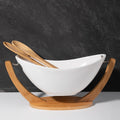 Merlin Living Long Boat Modern Decorative Bowl White Porcelain Ceramic Fruit Salad Bowl With Wooden Holder for Kitchen Plates