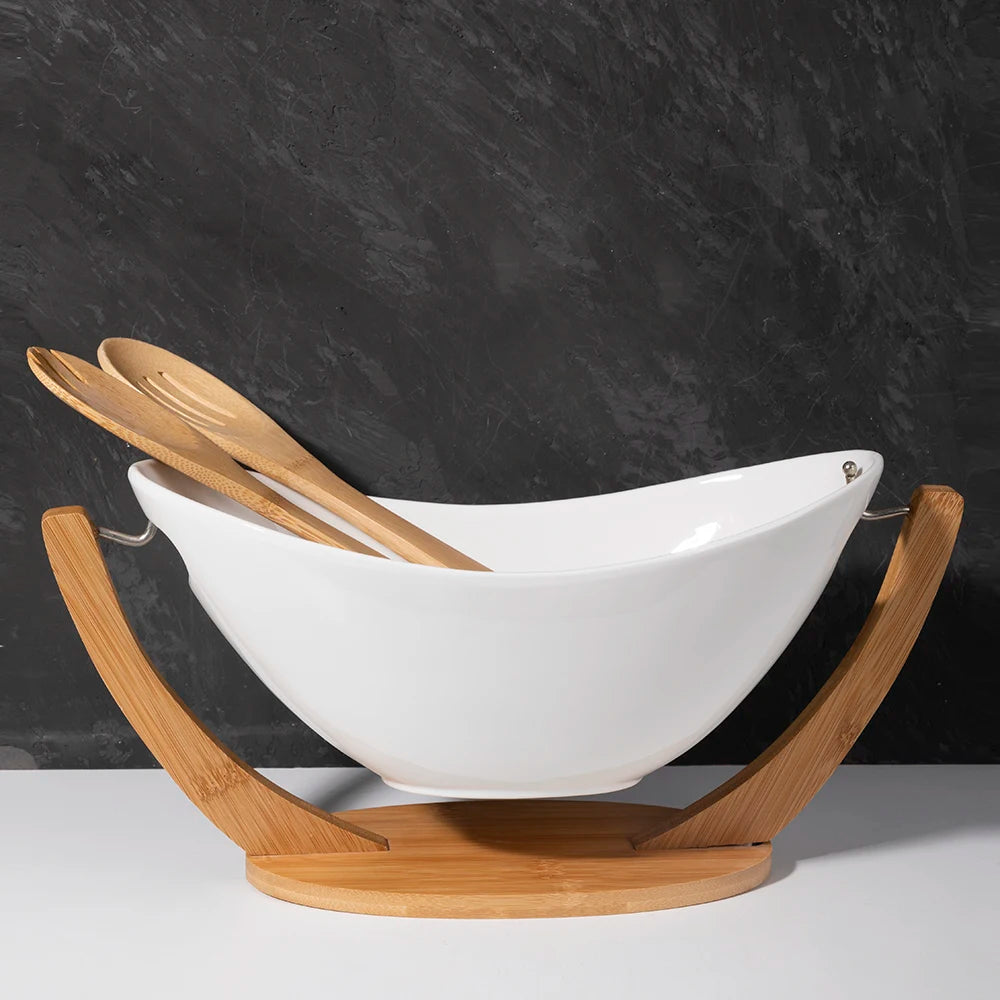 Merlin Living Long Boat Modern Decorative Bowl White Porcelain Ceramic Fruit Salad Bowl With Wooden Holder for Kitchen Plates