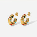 Ins Hot 18K Gold-plated Colored Zircon Shaped Hammer Pattern CC Shape Stainless Steel Hoop Earrings for Women