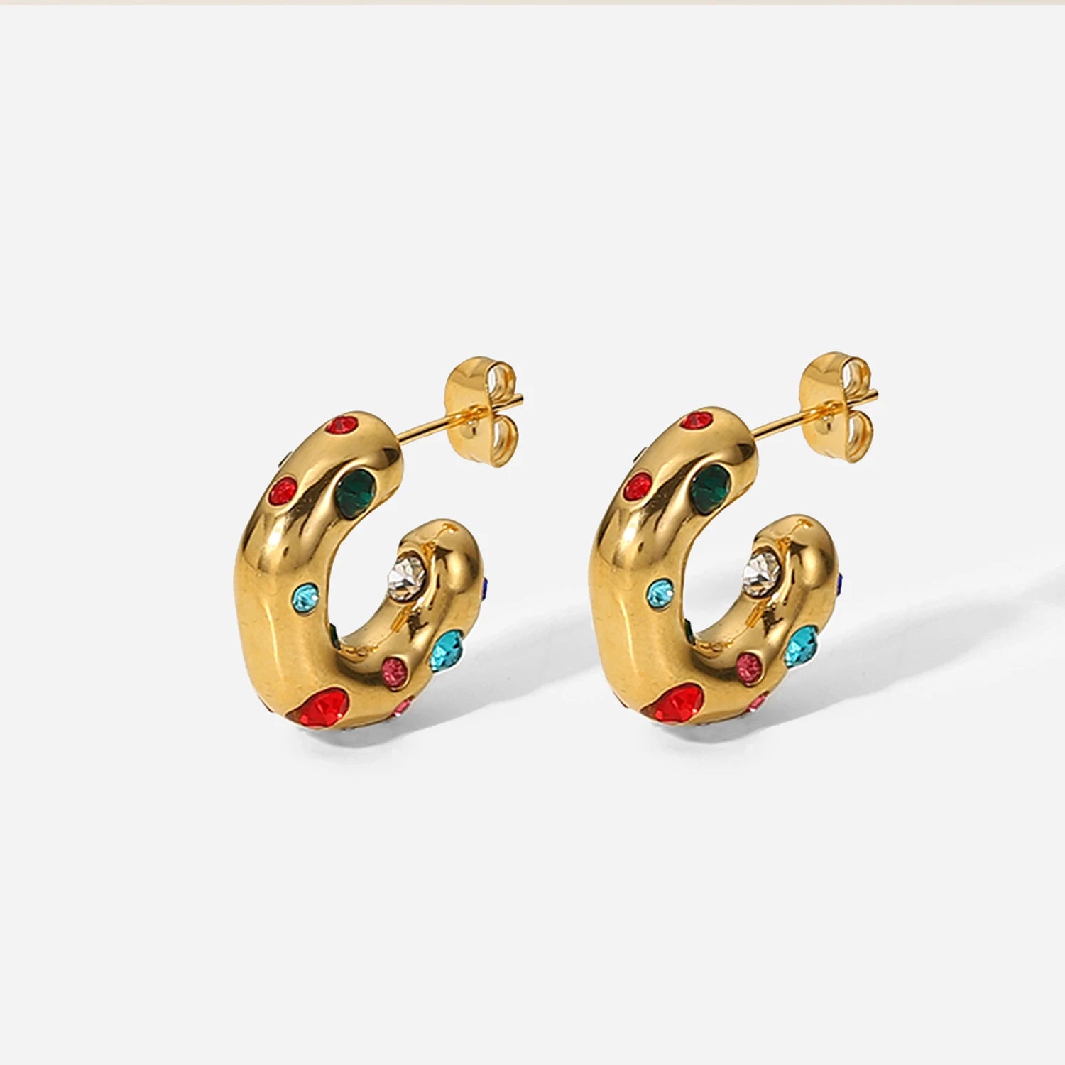 Ins Hot 18K Gold-plated Colored Zircon Shaped Hammer Pattern CC Shape Stainless Steel Hoop Earrings for Women