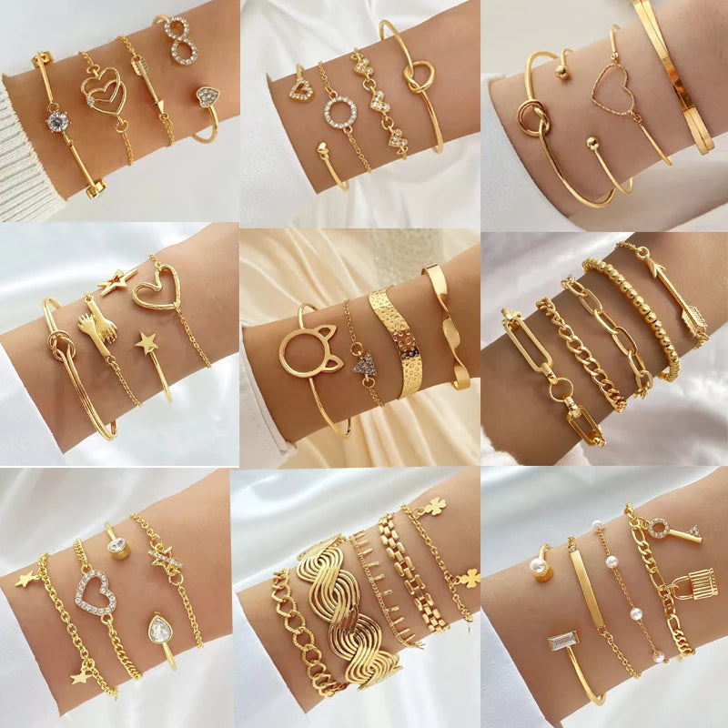VKME Vintage Style Heart Wireless Geometric Design Bracelet Set for Women Jewelry