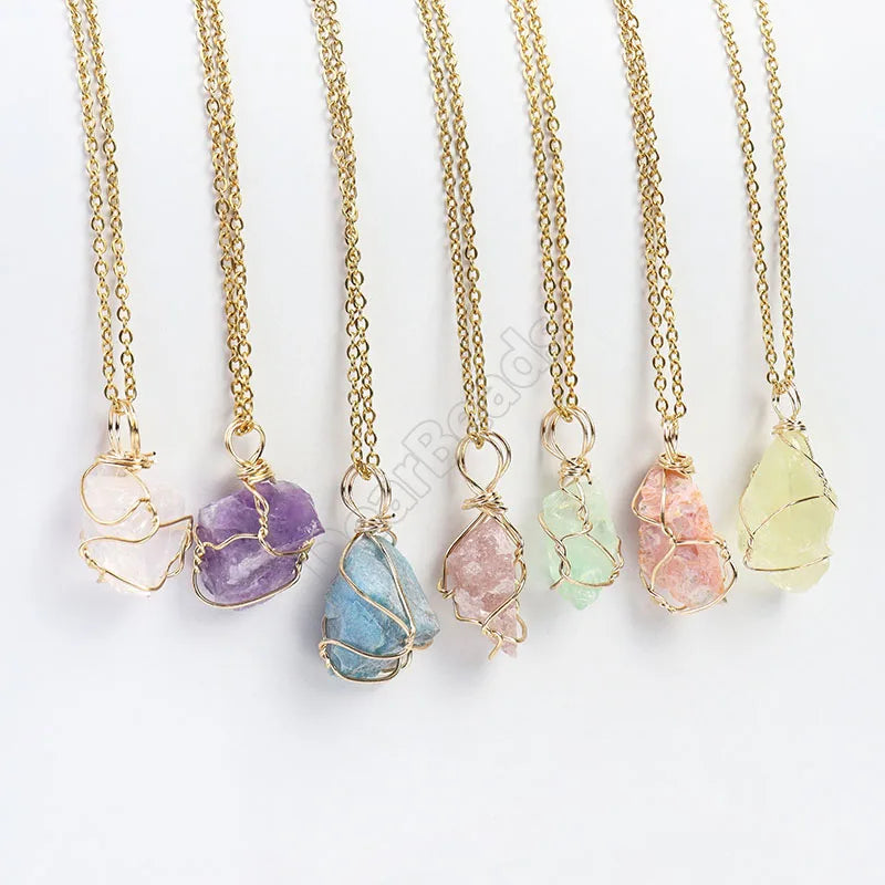 Wholesale Wire Wrap Natural Healing Raw Rough Stone Pendant Necklace for GIft Necklace Making