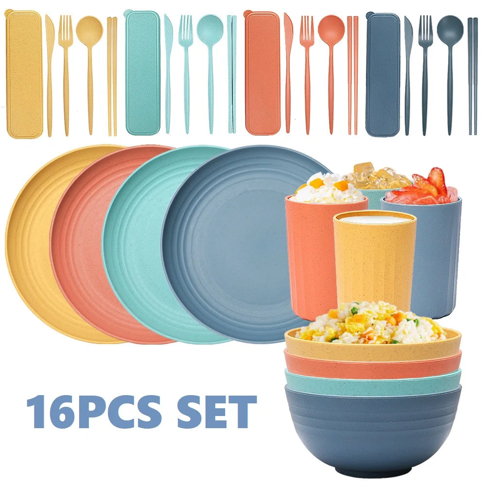 Eco Wheat Straw Dinnerware Sets Cutlery Bowl Plates Cup Set BPA Free Utensil Set