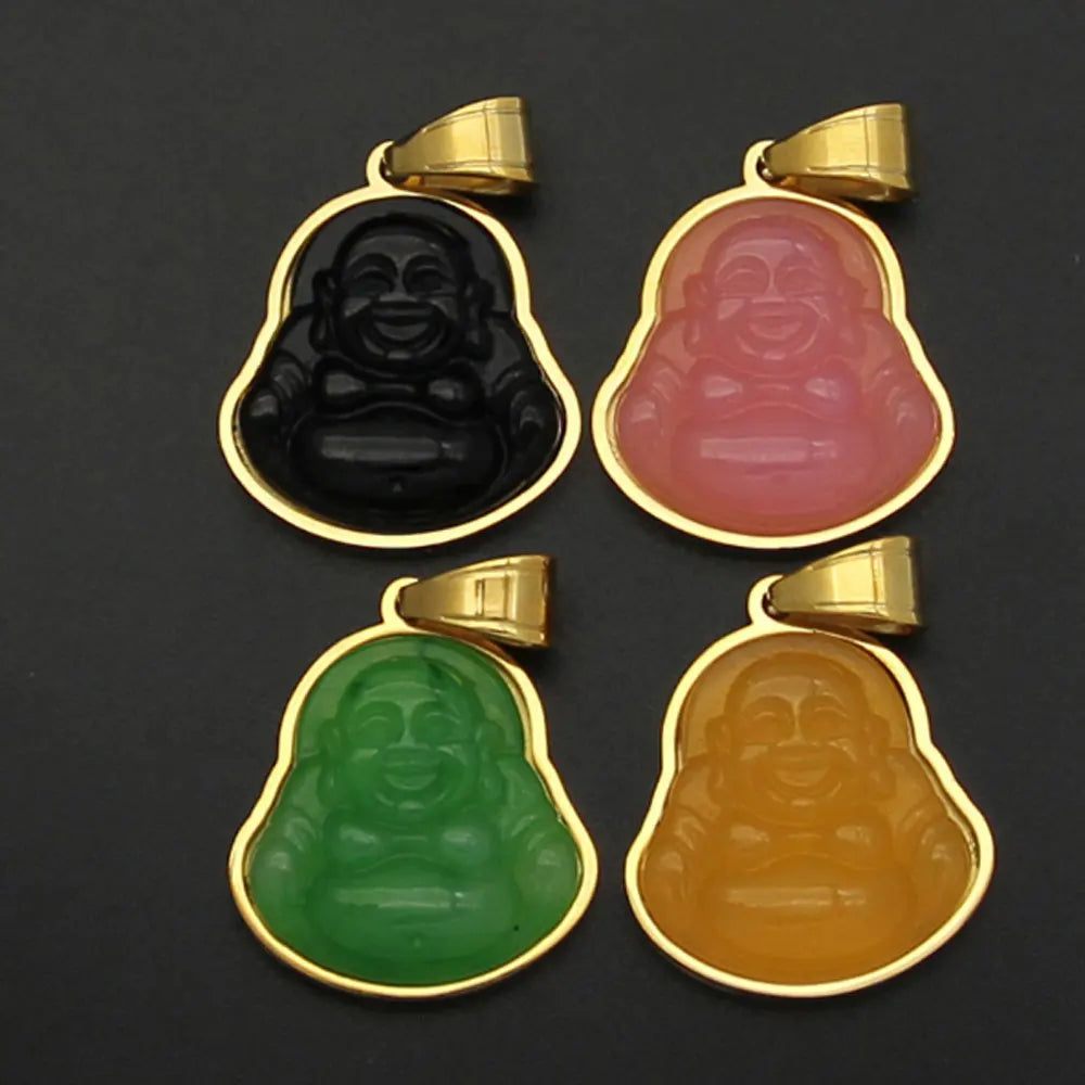4 Sizes Red Green Yellow Black 18k Gold Plated Stainless Steel Frame Natural Jade Crystal Tibetan Buddha Pendant Necklace
