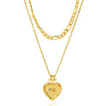 Jachon Fashion Heart Diamond Pendant Stainless Steel Necklace 14k Gold Plated Double Layers Engraved Necklace