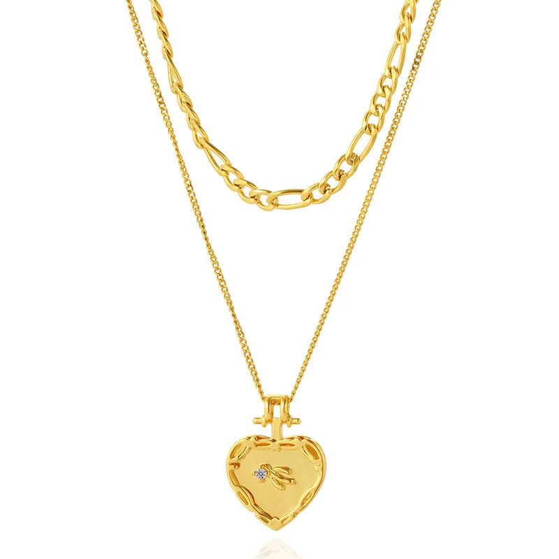 Jachon Fashion Heart Diamond Pendant Stainless Steel Necklace 14k Gold Plated Double Layers Engraved Necklace