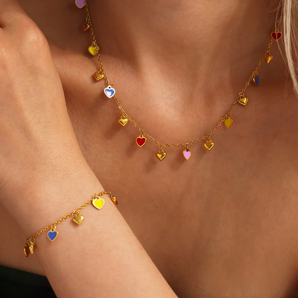 Durable Drip Oil Multi Heart Pendant Necklace Collar Chain Bracelet 18K Gold Plated Stainless Steel Jewellery Set