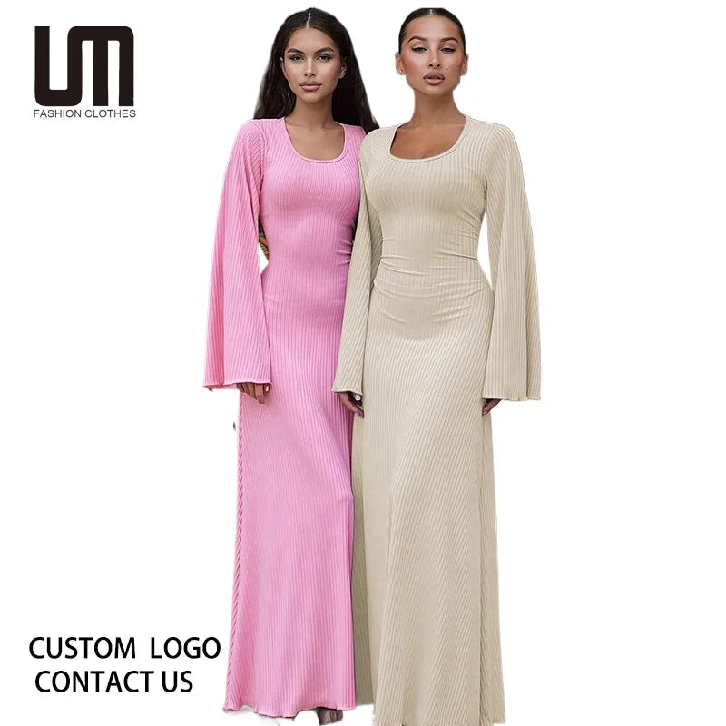Liu Ming Elegant Autumn Winter New Products Women Ribbed Trumpet Sleeves Birthday Party Maxi Dress
