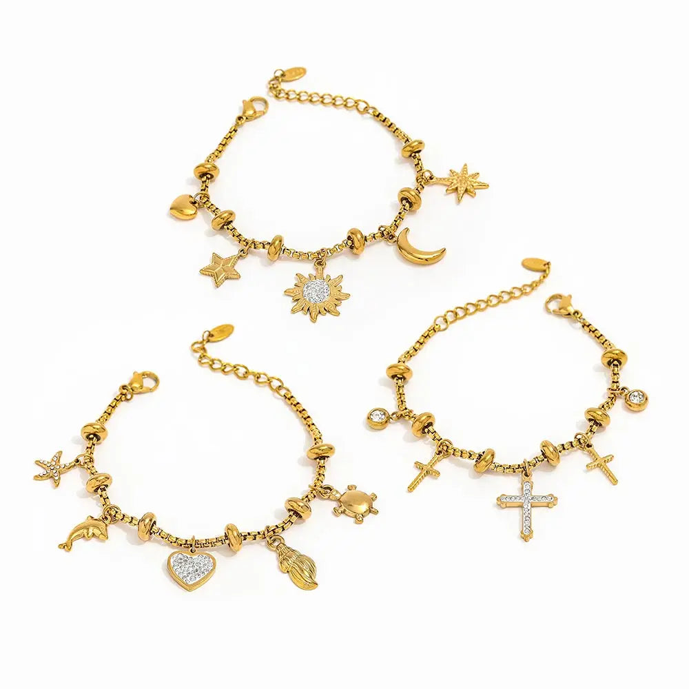 18K Gold Plated Zirconia Multi-element Pendant Box Chain Bracelet Stainless Steel Stylish Fashion Jewelry Wholesale
