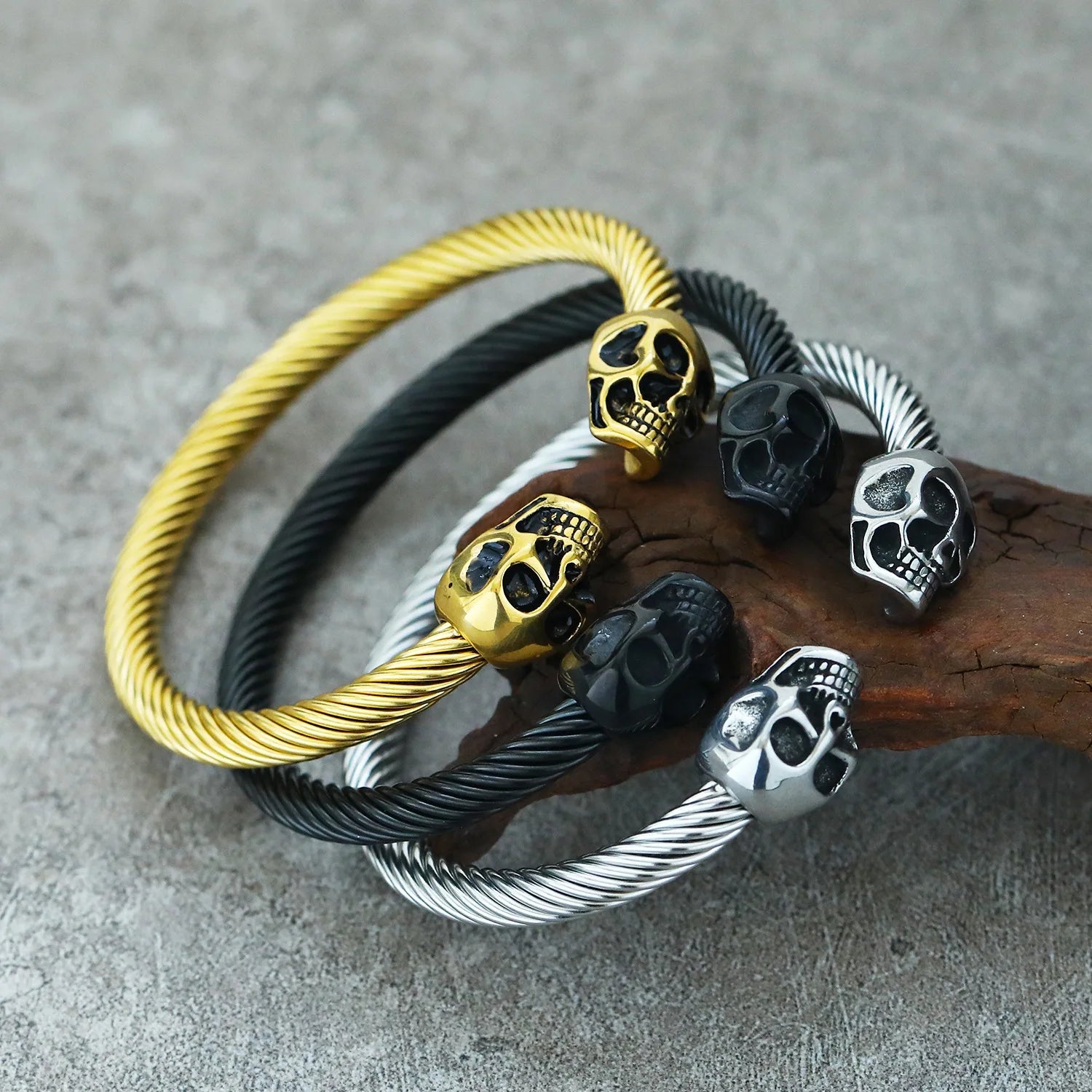 New Listing Exquisite Wire Bracelet Vintage Stainless Steel Double Skull Gold Plated Bracelets Men's Jewelry Accessories