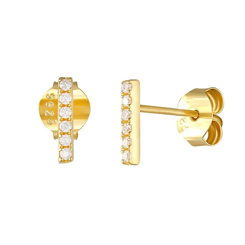925 Sterling Silver 18K Gold Plated Simple Crystal Pave Bar Stud Earrings Dainty Sterling Silver Stud Earring
