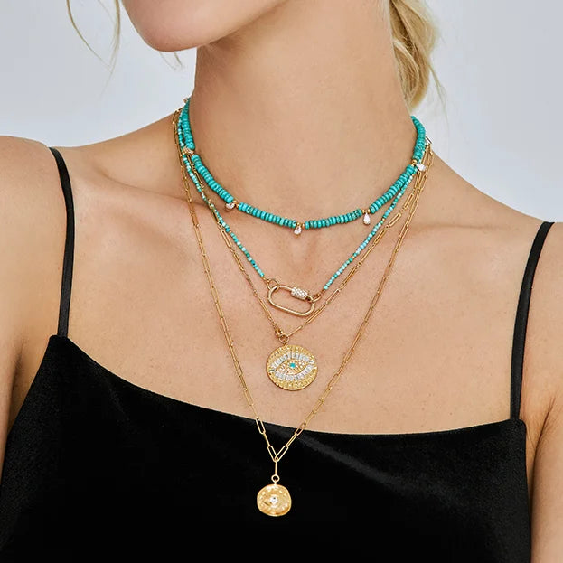 Custom Bohemian Women Gold Micro Pave CZ Lightning Bolt Star Oval Heart Screw Carabiner Clasp Necklace