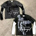Custom Vintage Acid Wash Tshirt Oversized Screen Print Dtg T-shirt Patchwork Tee Double Layer Long Sleeve T Shirts for Men