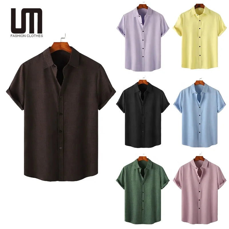 Clearance Sales Summer Men Casual Short Sleeve Loose Solid Color Turn Down Collar Vacation T Shirts