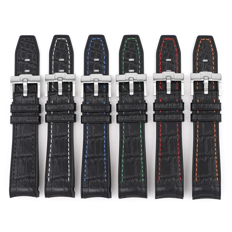 Fashion 20 22mm Curved End Sport Liquid Silicone Watch Band Alligator-grained Crocodile Pattern Rubber Watch Straps With Thread