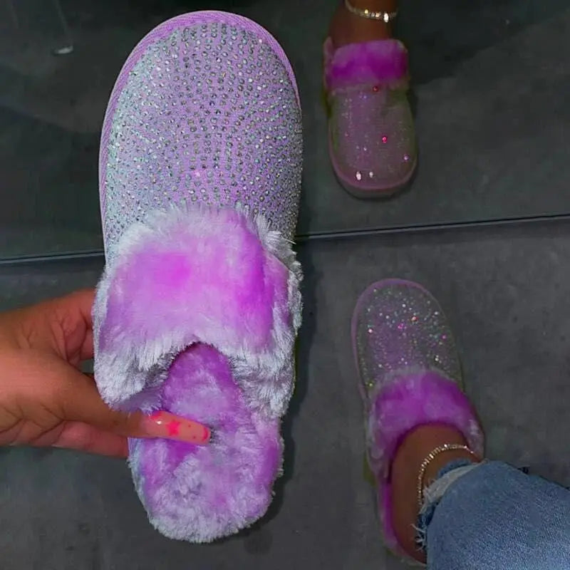 Leather Furry Women's Slippers Furry Rhinestone Soft Bottom Home Indoor Warm Pu Flip Flops Ningbo Picture Rubber Artificial Fur