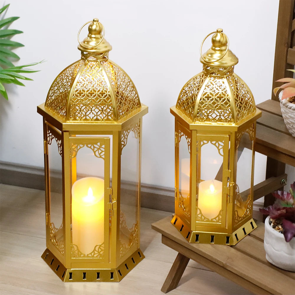 EU Stock Set of 2 Moroccan Gold Metal Candle Lantern Hanging Portable Glass Candle Holder for Home Holiday Decor