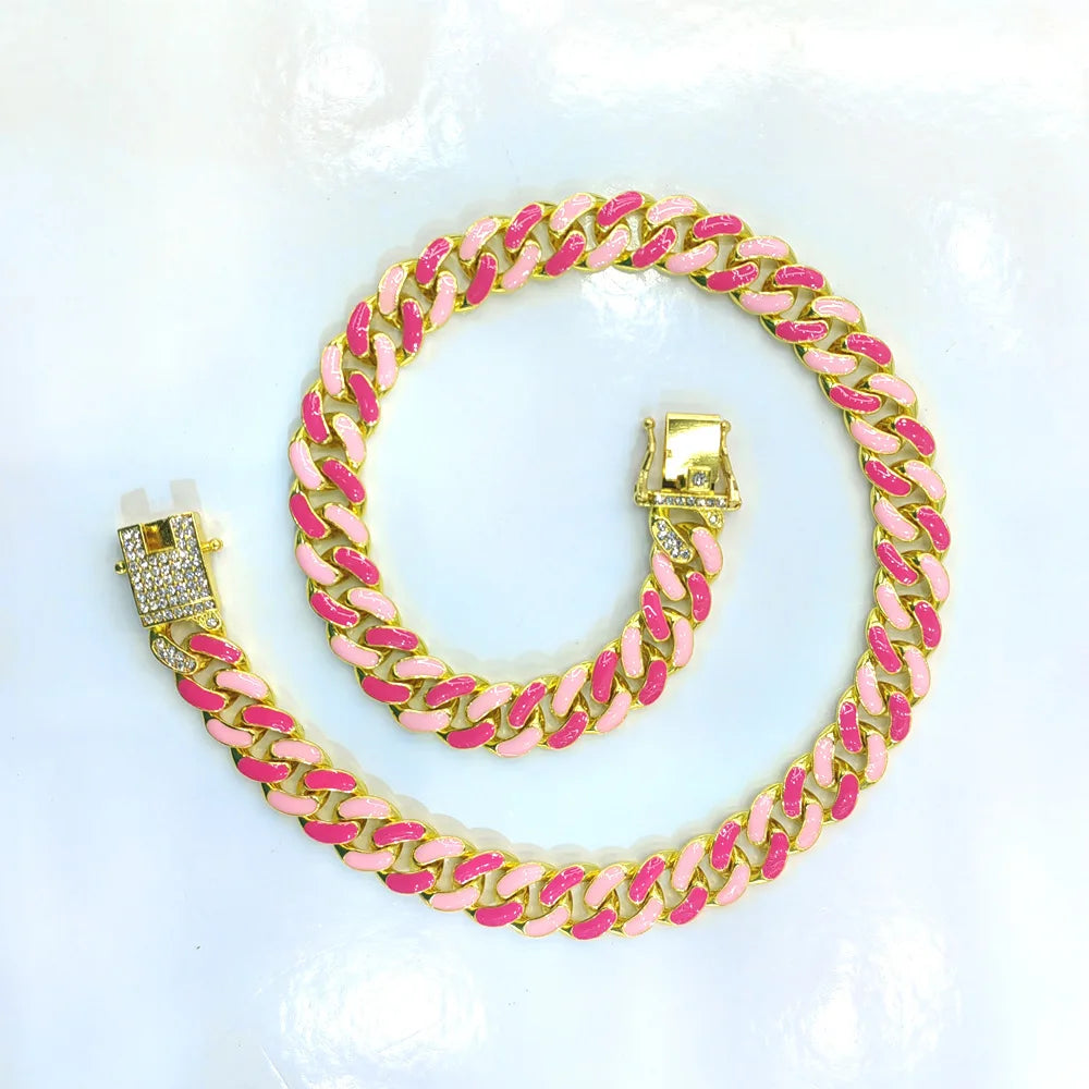 New Stock Supply Two Mixed Color Drip Oil Cuban Link Chain Jewelry Hip Hop Colorful Cuban Necklace Chain