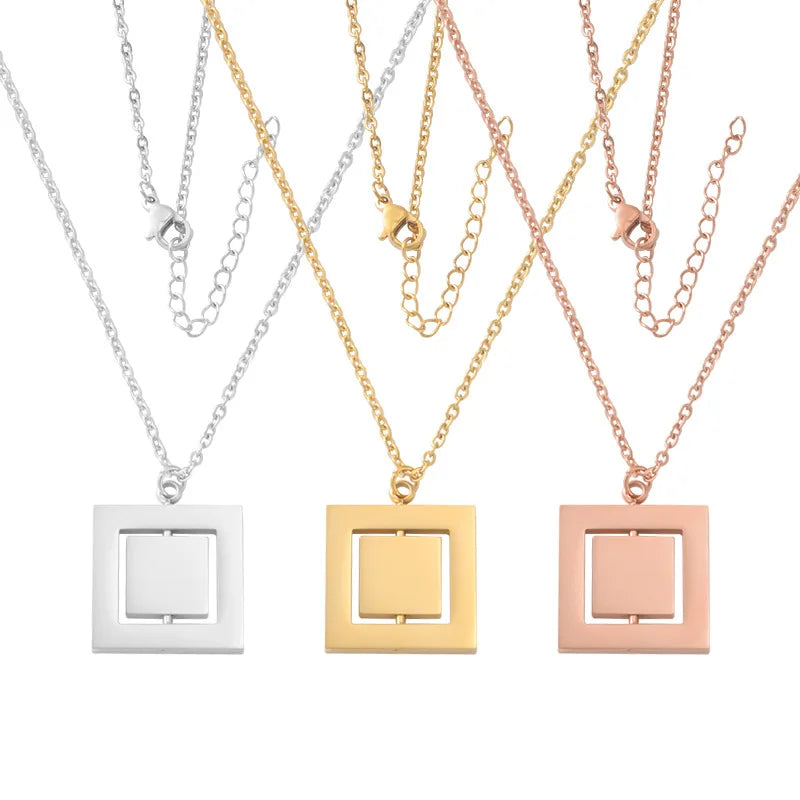 Unique Design Custom Laser Logo Spinner Rotatable Square Heart Necklace Stainless Steel Gold Plated Square Pendant Necklace