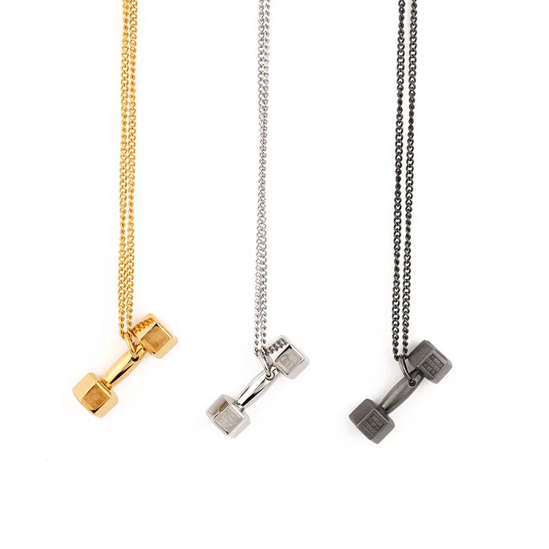 G1742 RTS Personalised Titanium Steel Jewelry Gold Black Fitness Gym Dumbbell Pendant Necklace