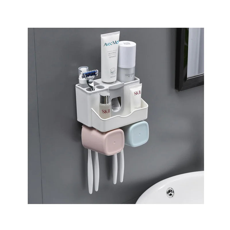 Modern Eco-Friendly Plastic Three-piece Set Wall Mounted Toothbrush Holder & Organizer with Bathroom Toothpaste Dispenser