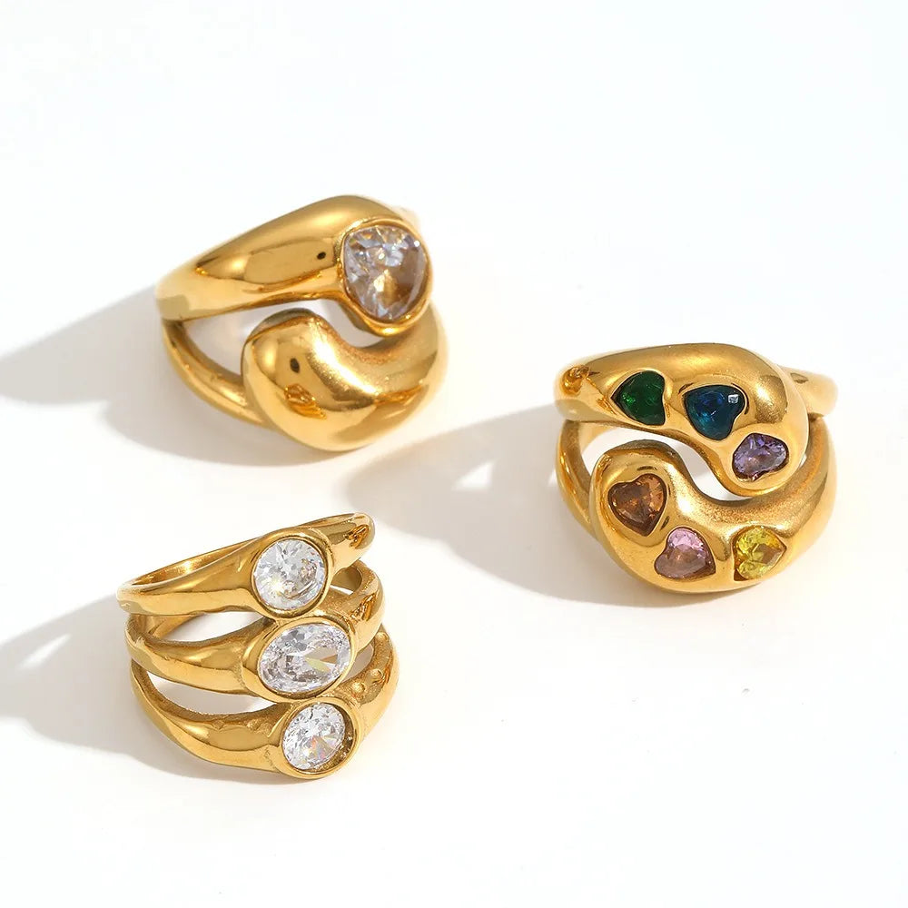 Women PVD Gold Plated Stainless Steel Chunky Cubic Zirconia Vintage Joint Ring for Women