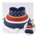 Breathable Empty Top Ponytail Beach Hat UPF 50+ Sun Summer Foldable Wide Brim Hat Stripe American Flag Straw Visor Cap