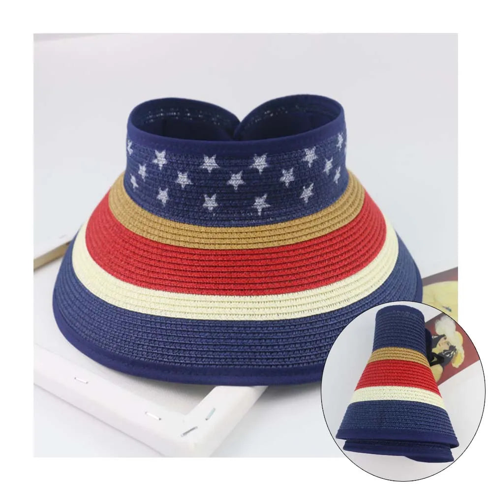 Breathable Empty Top Ponytail Beach Hat UPF 50+ Sun Summer Foldable Wide Brim Hat Stripe American Flag Straw Visor Cap