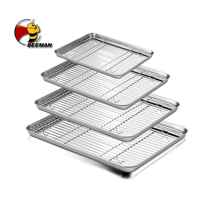 Beeman Multi-size Rectangle Stainless Steel Bakery Non-stick Cake Baking Tray Sheet Pan With Cooling Wire Rack