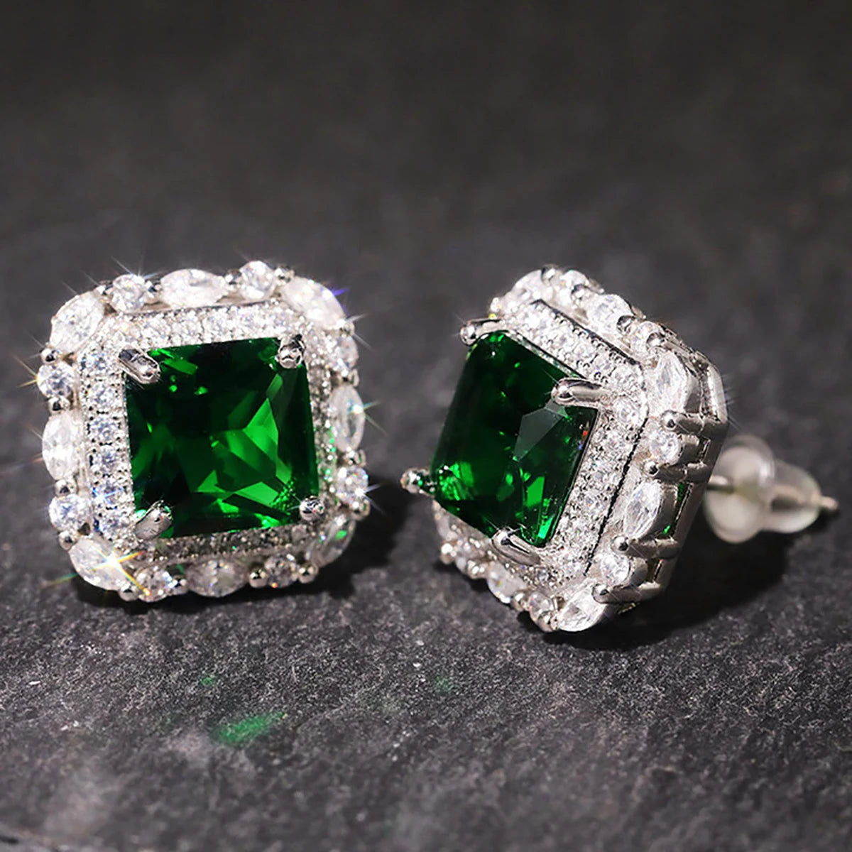 CAOSHI Vintage Style Square Design Green Crystal Cubic Zirconia Earrings for Fashion Party Silver Plated Stud Earrings for Women