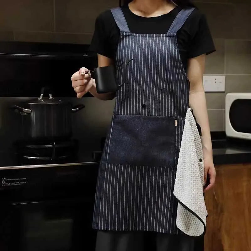 Wholesale Cotton Polyester Cross Back Stripe With Towel Household Kitchen Apron With Large Pocket