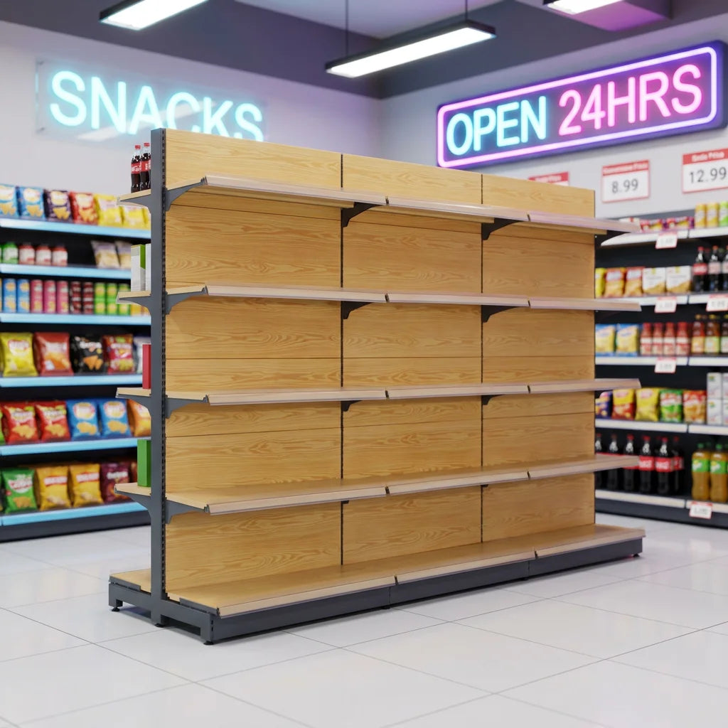 Install Easily Heavy Convenience Store Shelf Light Wood Grain Style Grocery Shelves MegaBDM