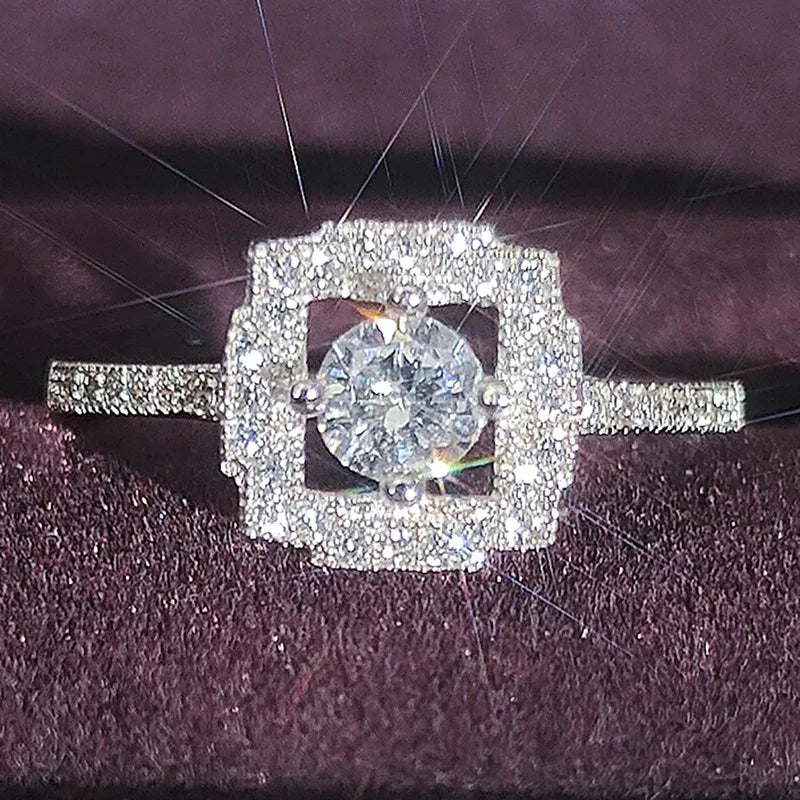 CAOSHI Dainty Silver Plated Geometric Hollow Design Round Imitated Diamond Finger Rings for Luxury Wedding Engagement Ring Women