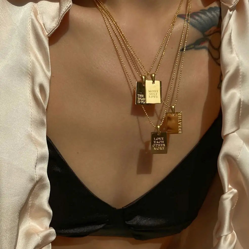 2022stainless Steel Inspirational Necklace Gold Plated Engraved Square Dainty Pendant Letters Chain Necklace