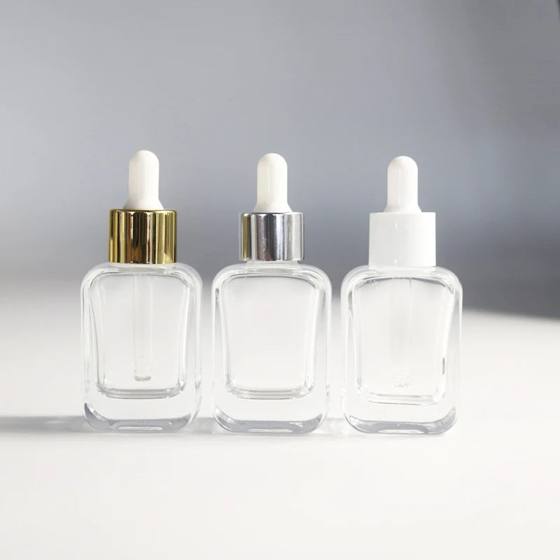 Luxury 30ml 50ml Square Hair Oil Dropper Bottle Thick Bottomed Clear Glass Essential Oil Screen Printing Customizable Box