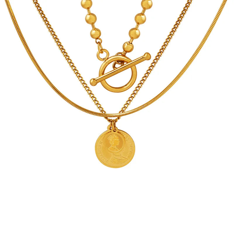Fashion Three -layer Chain Queen's Portrait Round Pendant Bead Chain Stacking Wearing Necklace Non Tarnish