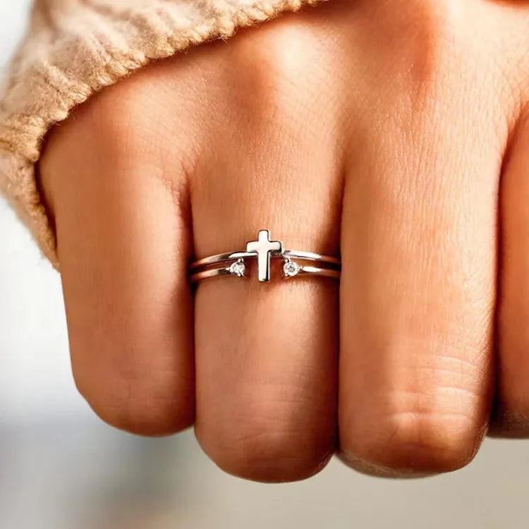 Dainty Cz Pave 925 Sterling Silver Open Style Layered Cross Ring for Women