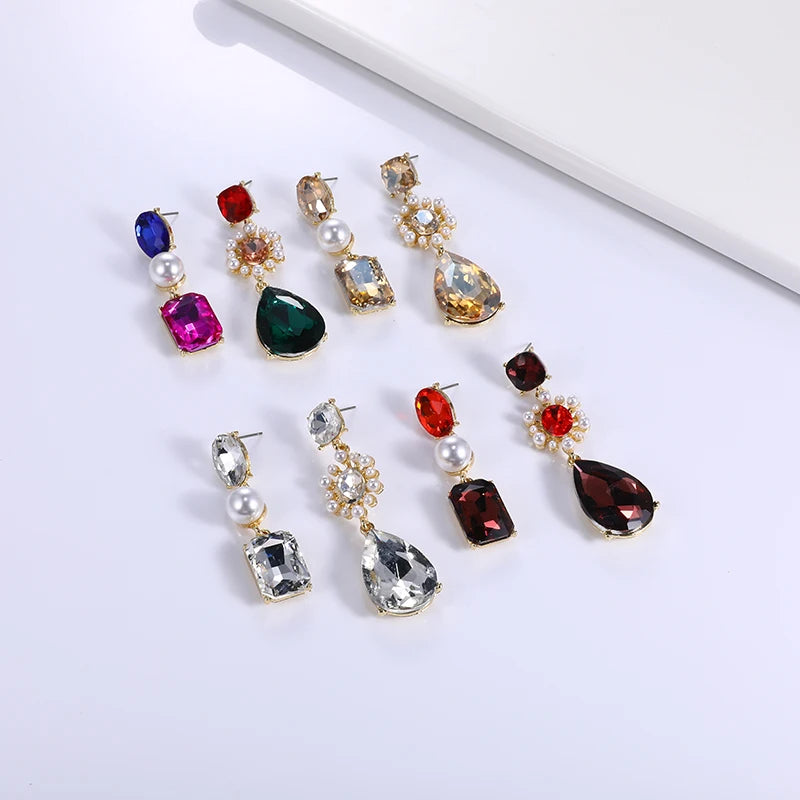 Luxury Gold Plated Sapphire Emerald Geometric Drop Earrings Asymmetrical Rhinestone Freshwater Pearl Stud Earrings Women Jewelry