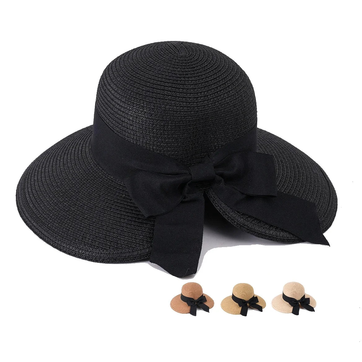 Wholesale Summer New Large Eave Sun protection Fashion Hat Ribbon Bow Basin Hat Female Foldable/Packable Straw Hat for Beach