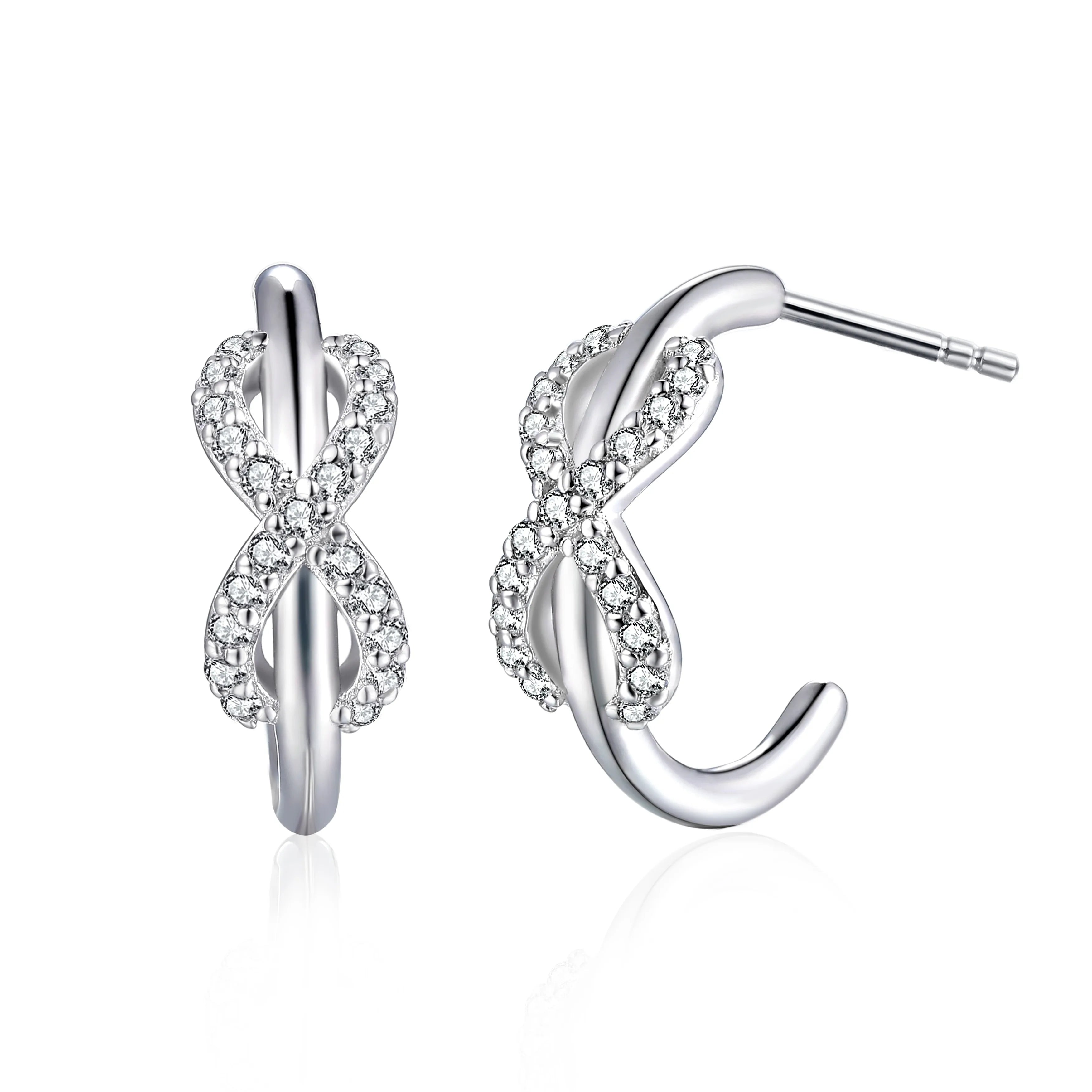 CZ Fine Designer Jewelry Rhodium Plated 925 Sterling Silver Geometric Cubic Zirconia Infinite Hoop Huggie Earrings