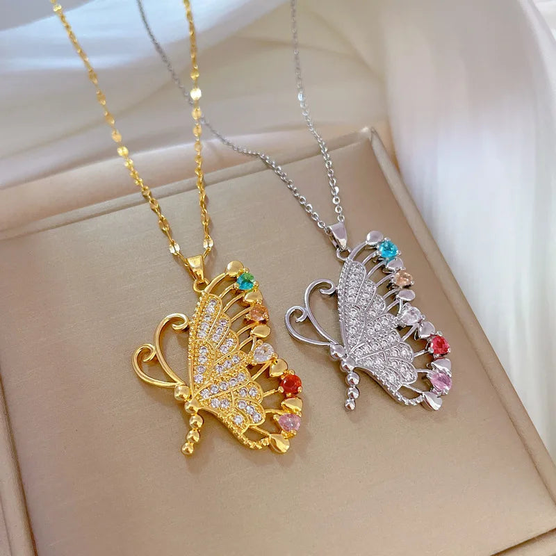 Luxury Full Diamond Butterfly Zircon Pendant Necklace Gold Plated Stainless Steel Sparkling Butterfly Necklace for Women Girls G