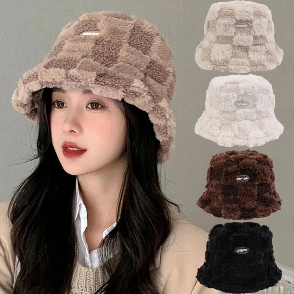 Lamb Plaid Bucket Cap Winter Warm Velvet Hats for Women Girl's Thicken Bob Panama Outdoor Fisherman Sun Protect Hats Caps