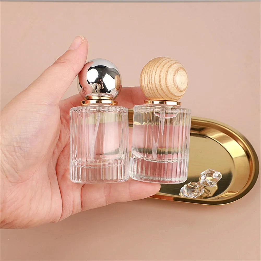 Recyclable Round Perfume Bottle Wood Lid Empty Glass Bottle 30ml 50ml Spray Atomizer Cosmetics Container